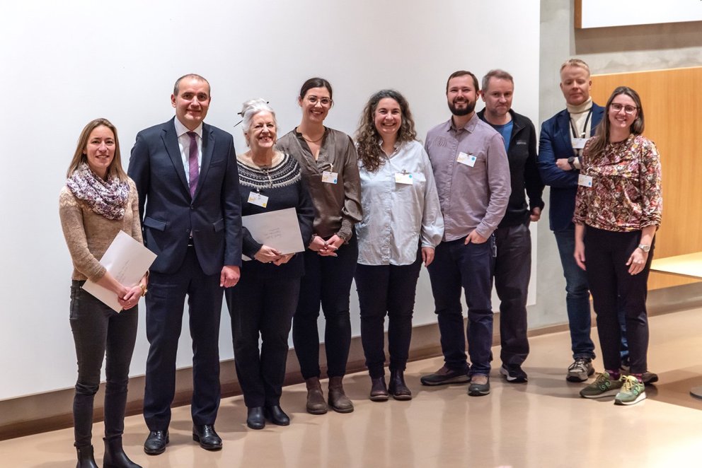Prize winners together with the President of Iceland and the board of the Biology Society. PHOTO/Fre&hellip;